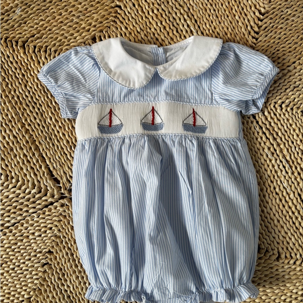 Cecil and Lou Classic Blue Striped Baby One-Piece with Smocked Sailboats 9M
